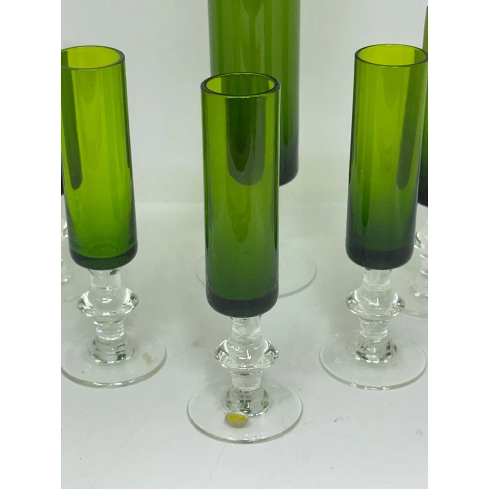 VTG Japan Glass Cordial Set Green Mid Century Modern Cylinder Stemware 6pc Set
